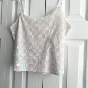 Thirty Thirty Sequin Cami Top L White Pink Gingham Sparkle Party Y2K